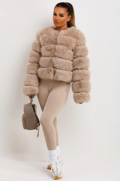 Beige Faux Fur Puffer Jacket
