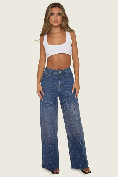 Mid Blue Diamante Stretch Denim Wide Leg Jeans