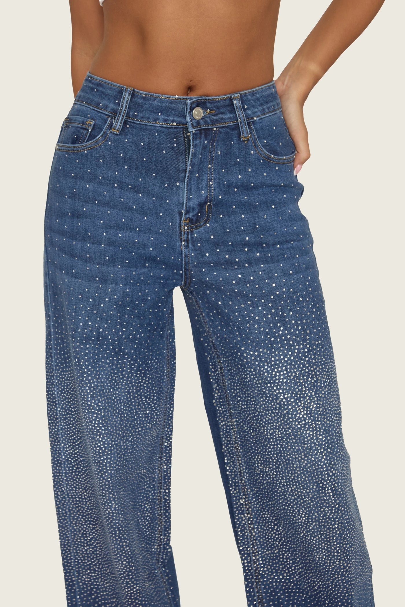 Mid Blue Diamante Stretch Denim Wide Leg Jeans