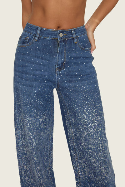 Mid Blue Diamante Stretch Denim Wide Leg Jeans