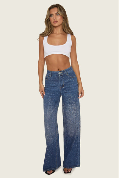 Mid Blue Diamante Stretch Denim Wide Leg Jeans