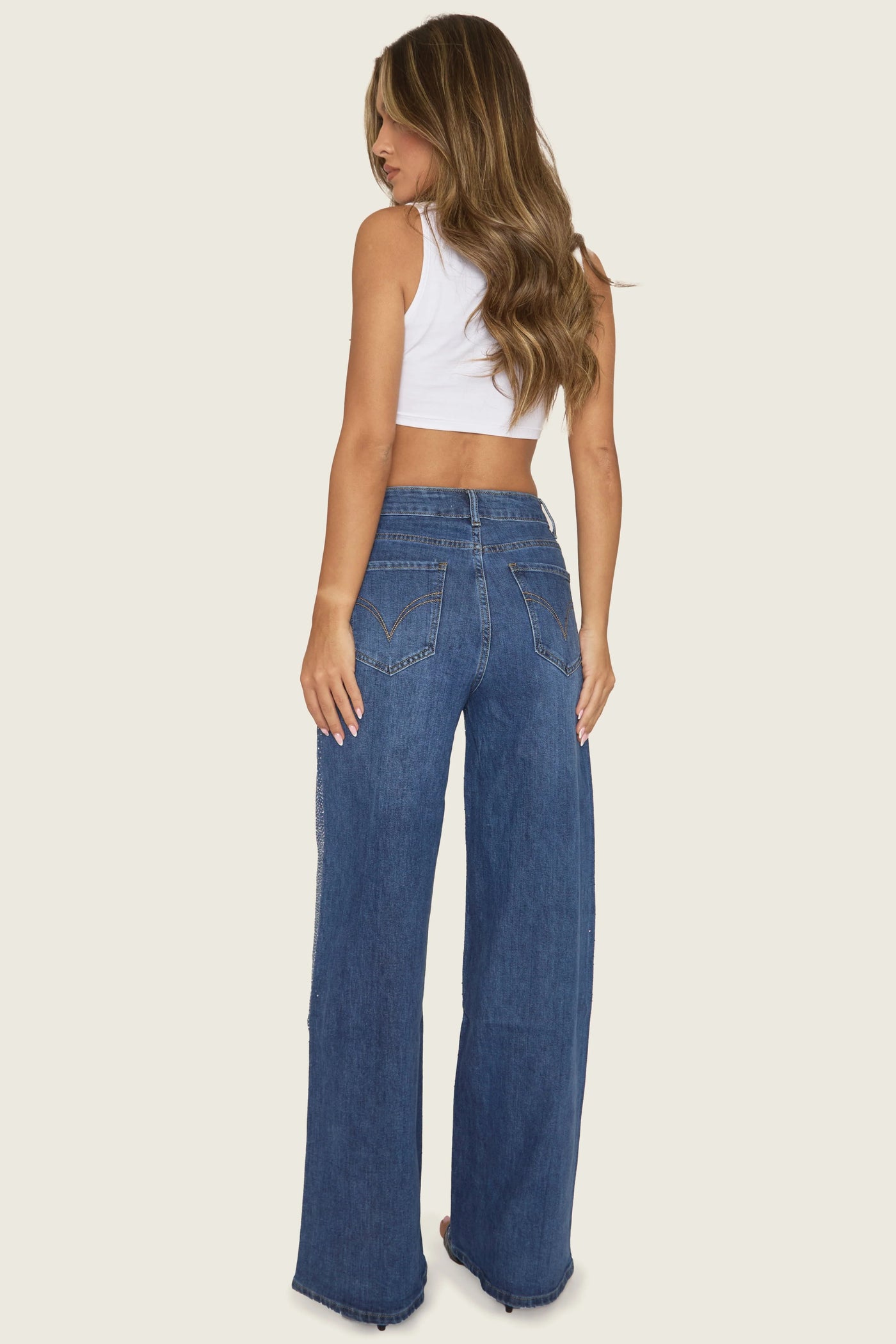 Mid Blue Diamante Stretch Denim Wide Leg Jeans